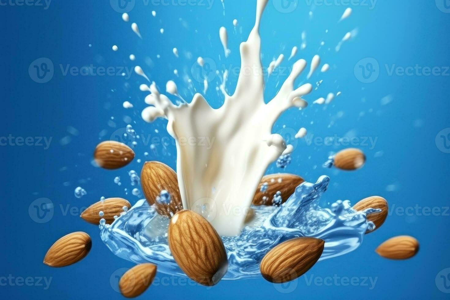 cerca arriba de dinámica salpicaduras de almendra Leche y volador nueces en un brillante azul antecedentes. generativo ai. foto