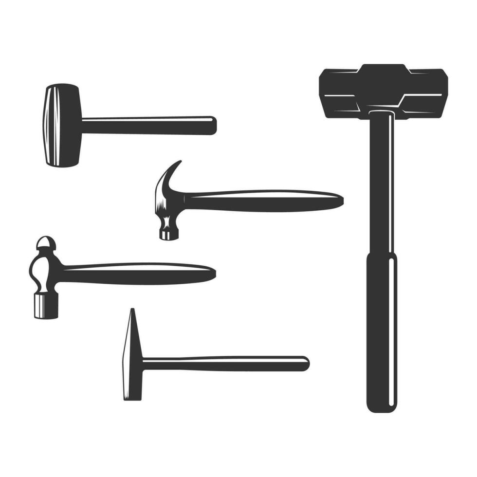 Set of Hammer for Mining, Smith, Blacksmith, Metalwork, Repair, Carpenter, Carpentry, and Builder Tools. Illustration vector