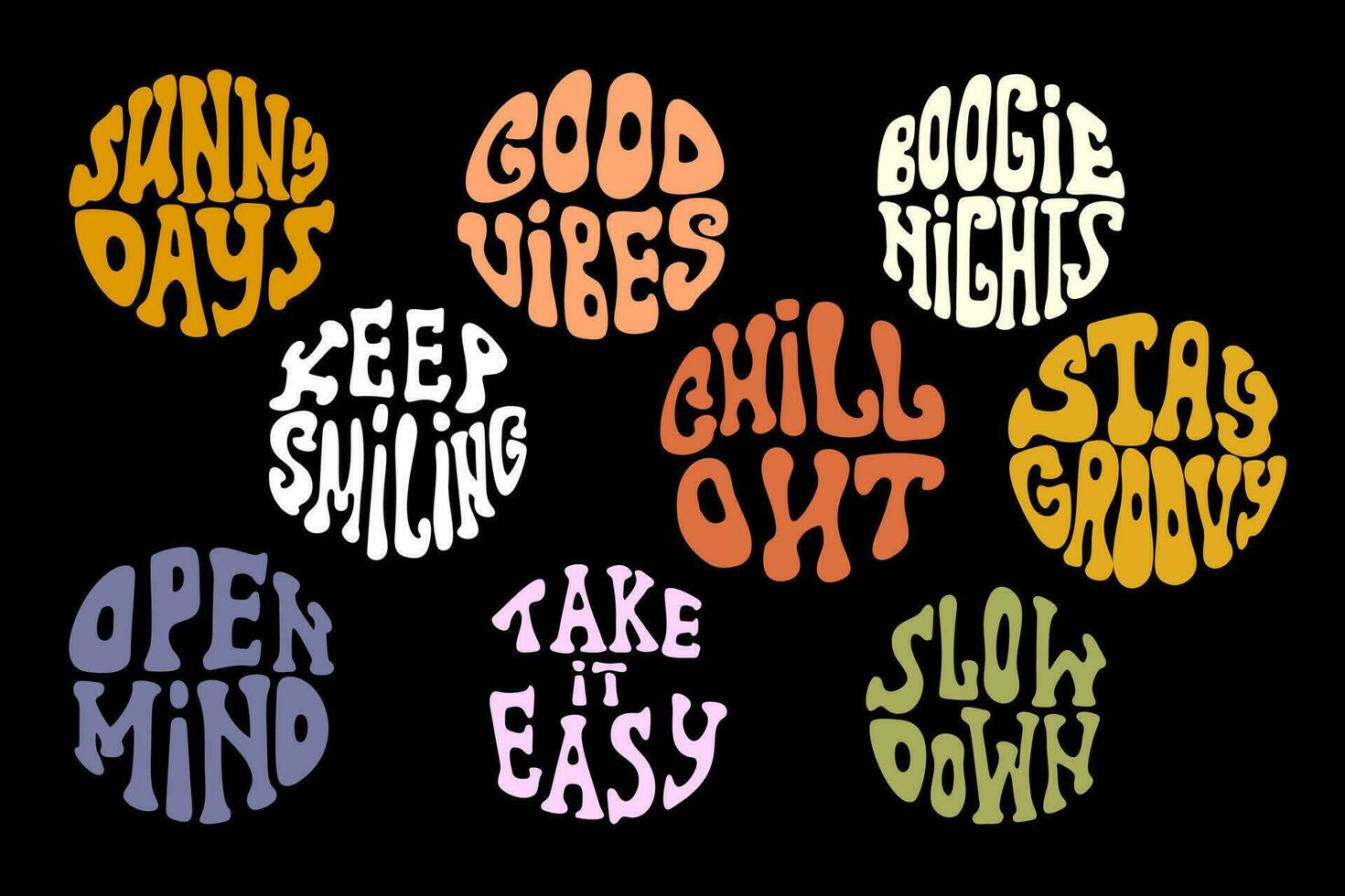 Set motivational slogan lettering in groovy style in a circle vector