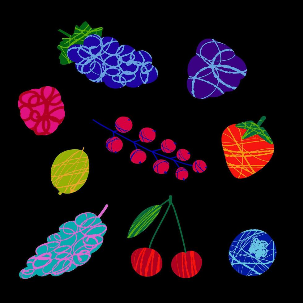 Set with creative Berries illustration Cherry Strawberry Raspberries Blackberry with texture on black background vector