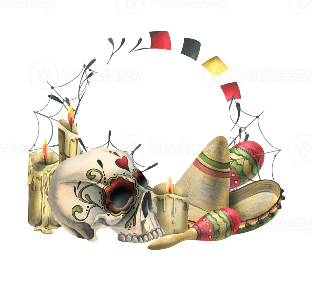 Ornamented human skull with a sombrero hat, maracas, candles, garland flags and cobwebs. Hand drawn watercolor illustration for day of the dead, halloween, Dia de los muertos. Circle frame, wreath png