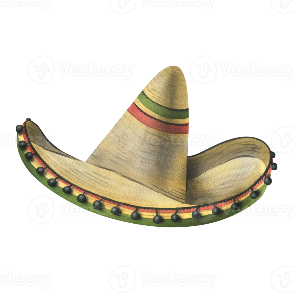 sombrero Palha chapéu mexicano tradicional com vermelho e verde padronizar com Preto pompons. aguarela ilustração mão retirou. isolado objeto png