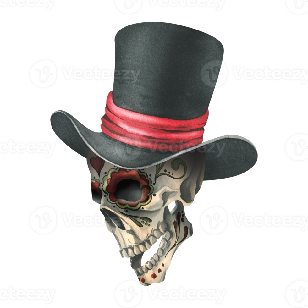 Ornamented human skull in a black top hat with a red ribbon. Hand drawn watercolor illustration for day of the dead, halloween, Dia de los muertos. Isolated object png