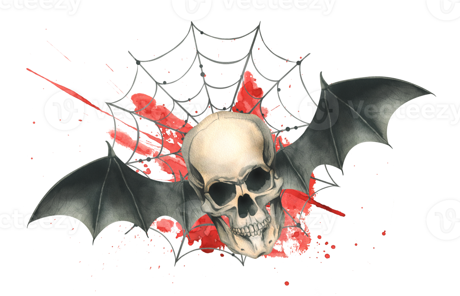 Front view of a human skull with black bat wings with a bloodstain and cobwebs for the holiday of Death Day and Halloween. Watercolor illustration, hand drawn. Composition png