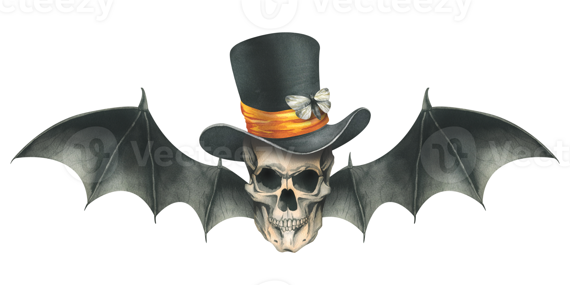 Side view human skull in black top hat with orange satin ribbon with black bat wings for death day holiday and halloween. Watercolor illustration hand drawn. Isolated composition png