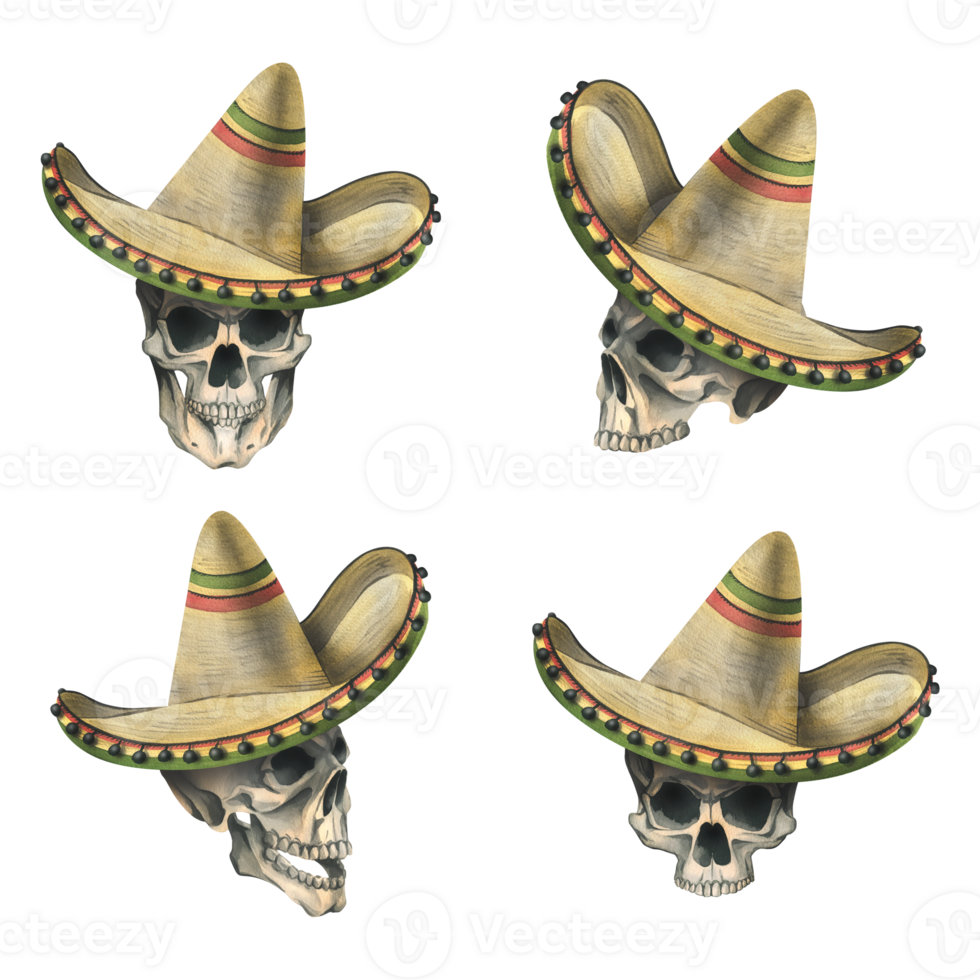 A human skulls in a sombrero hat with an ornament . Hand drawn watercolor illustration for day of the dead, halloween, Dia de los muertos. Set of isolated objects png