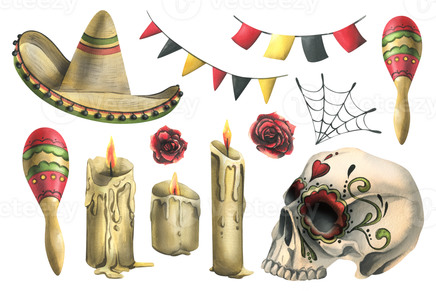 Human skull with drawn ornament with sombrero hat, maracas, candles, flag garlands. Hand drawn watercolor illustration for Halloween, day of the dead, Dia de los muertos. Set of isolated elements png