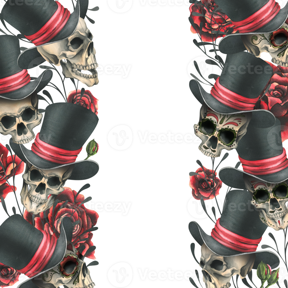 Human skulls in a top hat with red roses and branches. Hand drawn watercolor illustration for Halloween, day of the dead, Dia de los muertos. Vertical template, frame, border png