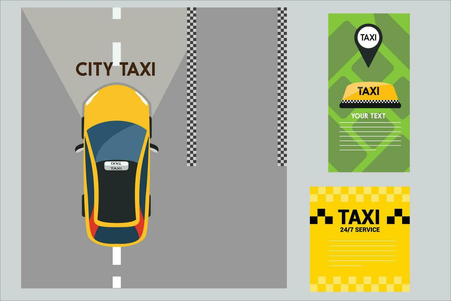 city taxi seen from above with lights on. Call a taxi. A taxi car drives through the city. Vector illustration