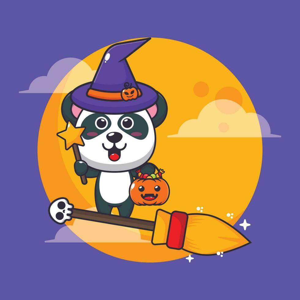 witch panda fly with broom in halloween night. Cute halloween cartoon illustration. vector