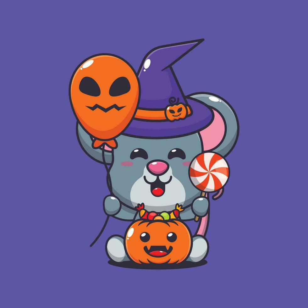 witch mouse holding halloween balloon and candy. Cute halloween cartoon illustration. vector