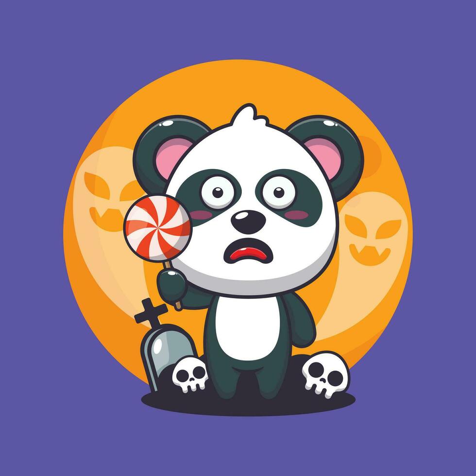 linda panda asustado por fantasma en Víspera de Todos los Santos día. linda Víspera de Todos los Santos dibujos animados ilustración. vector