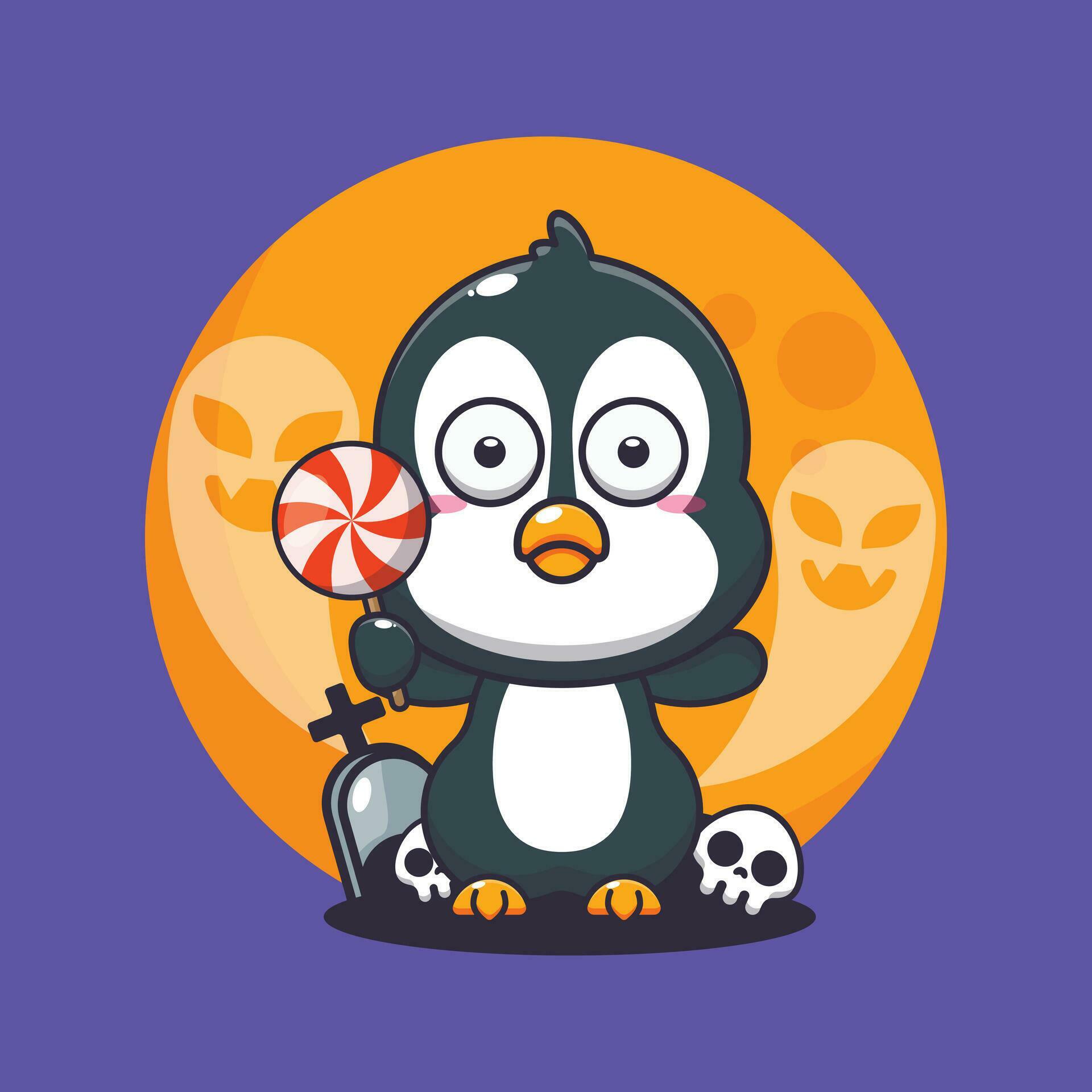 cute penguin scared by ghost in halloween day. Cute halloween cartoon