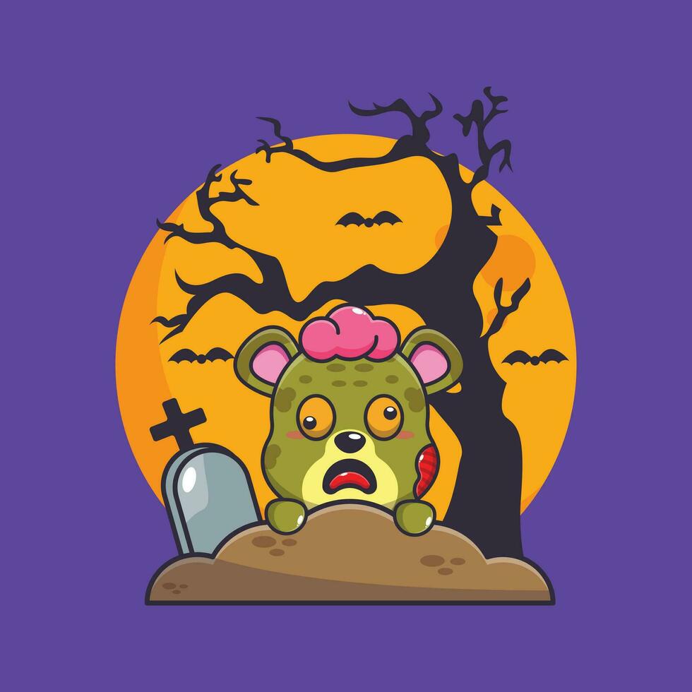 zombie leopard rise from graveyard in halloween day. Cute halloween cartoon illustration. vector