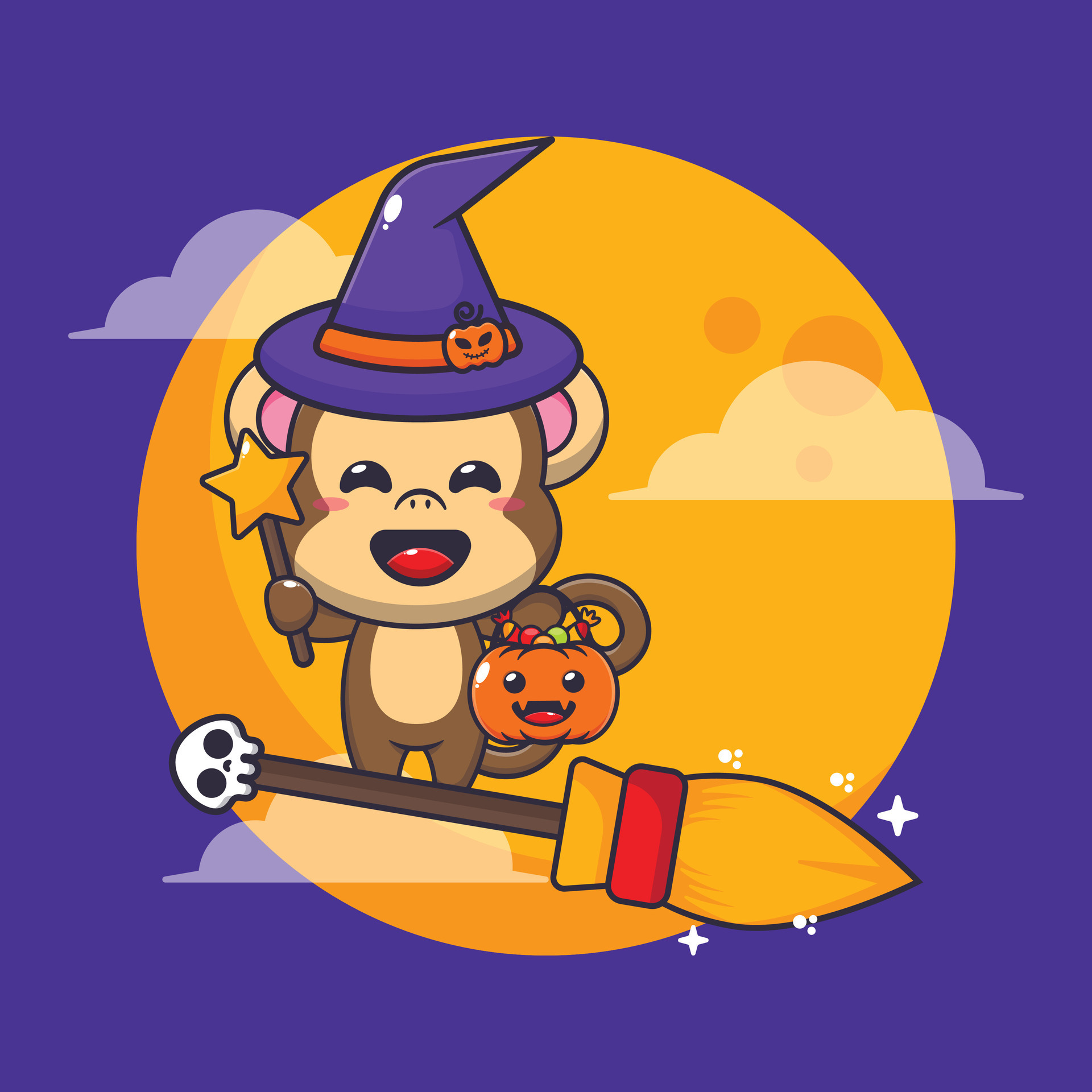 witch monkey fly with broom in halloween night. Cute halloween cartoon