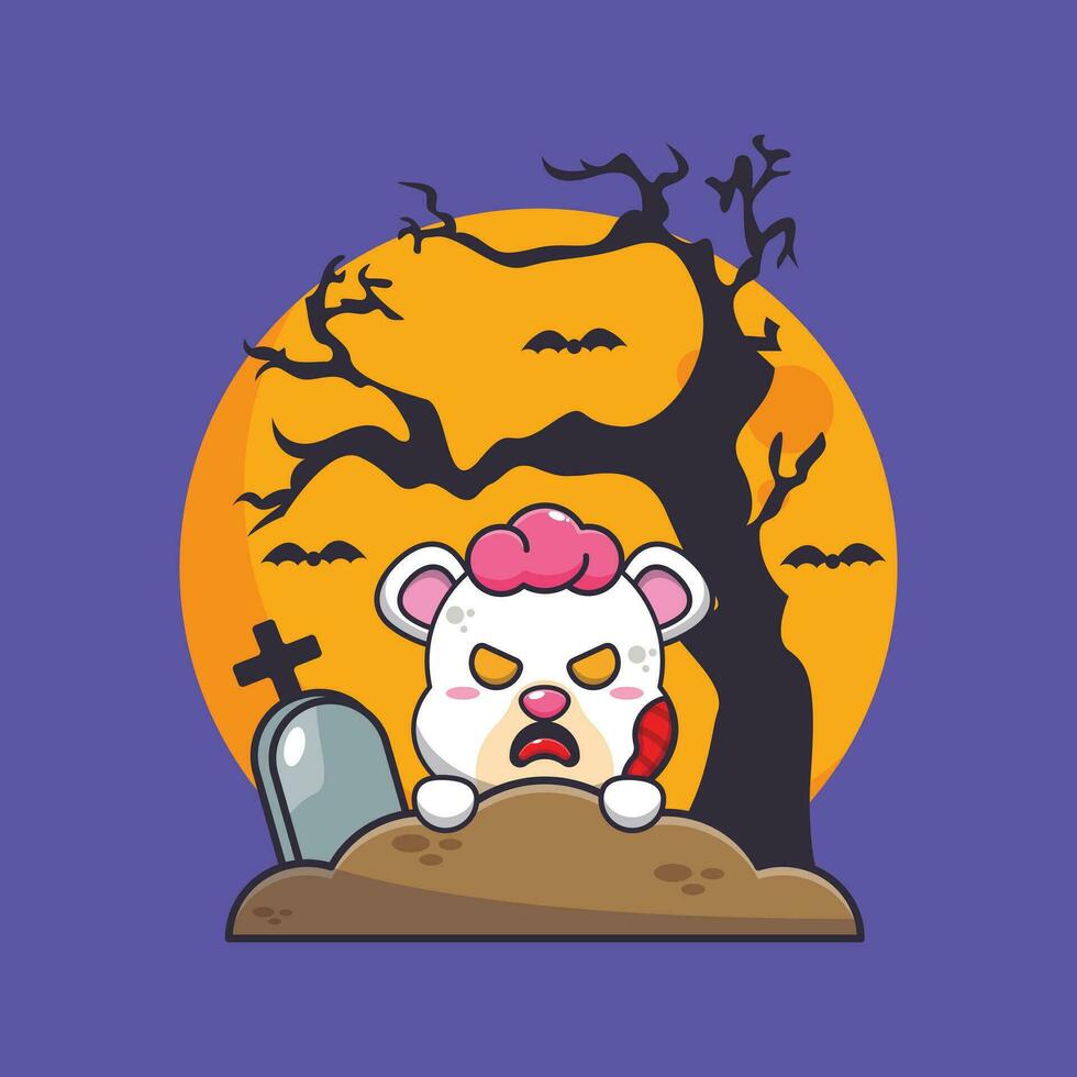 zombie polar bear rise from graveyard in halloween day. Cute halloween cartoon illustration. vector