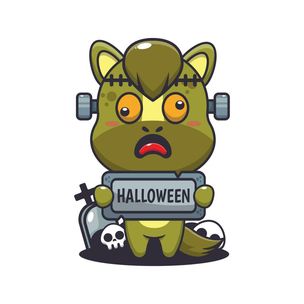 zombie horse holding halloween greeting stone. Cute halloween cartoon illustration. vector