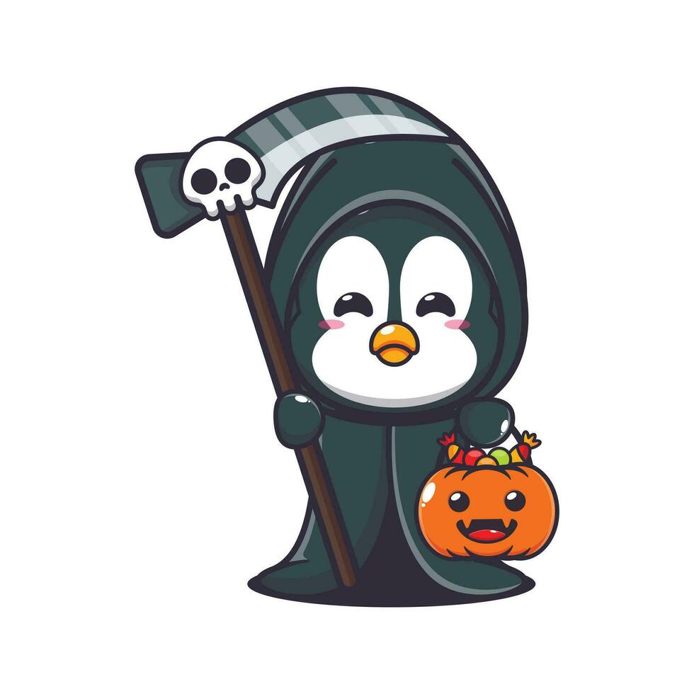 severo segador pingüino participación guadaña y Víspera de Todos los Santos calabaza. linda Víspera de Todos los Santos dibujos animados ilustración. vector