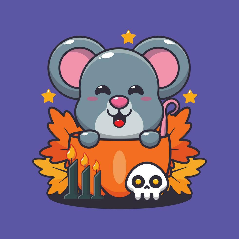 cute mouse in halloween pumpkin. Cute halloween cartoon illustration. vector