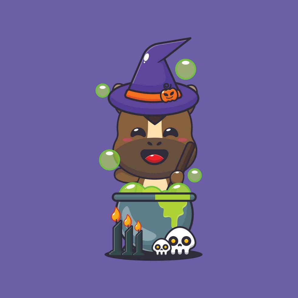 witch horse making potion in halloween day. Cute halloween cartoon illustration. vector