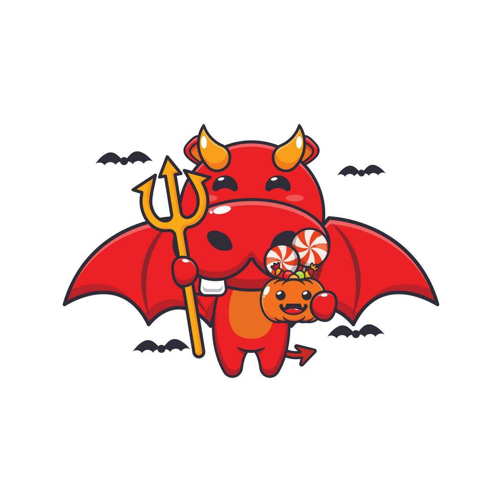 devil hippo in halloween day. Cute halloween cartoon illustration. vector