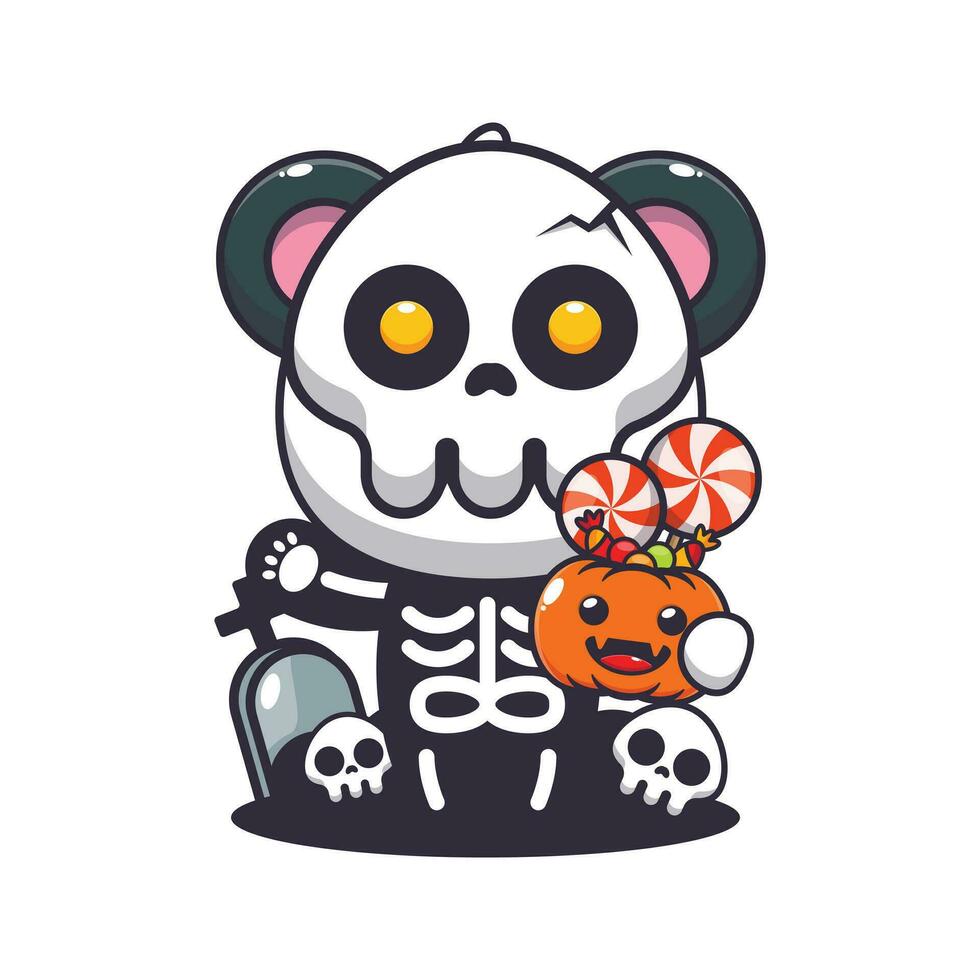 panda con esqueleto disfraz participación Víspera de Todos los Santos calabaza. linda Víspera de Todos los Santos dibujos animados ilustración. vector