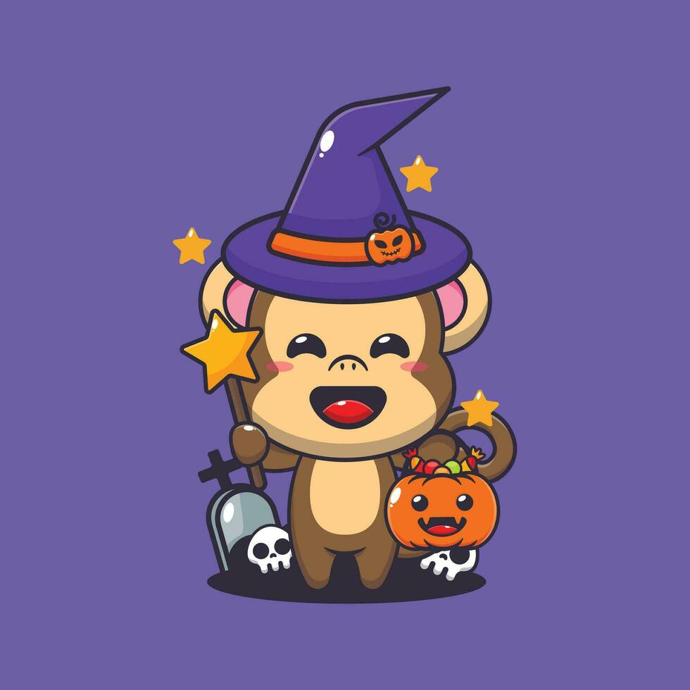 witch monkey in halloween day. Cute halloween cartoon illustration. vector