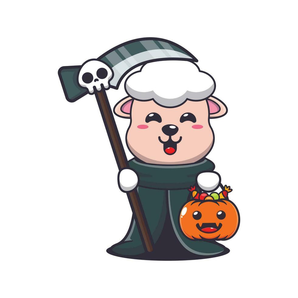 grim reaper sheep holding scythe and halloween pumpkin. Cute halloween cartoon illustration. vector