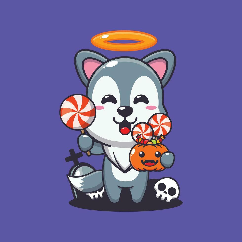 cute angel wolf holding candy in halloween day. Cute halloween cartoon illustration. vector