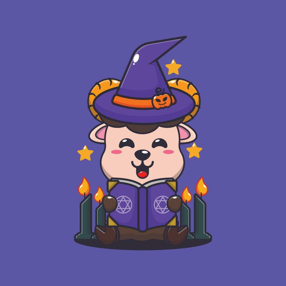 witch ram sheep reading spell book. Cute halloween cartoon illustration. vector