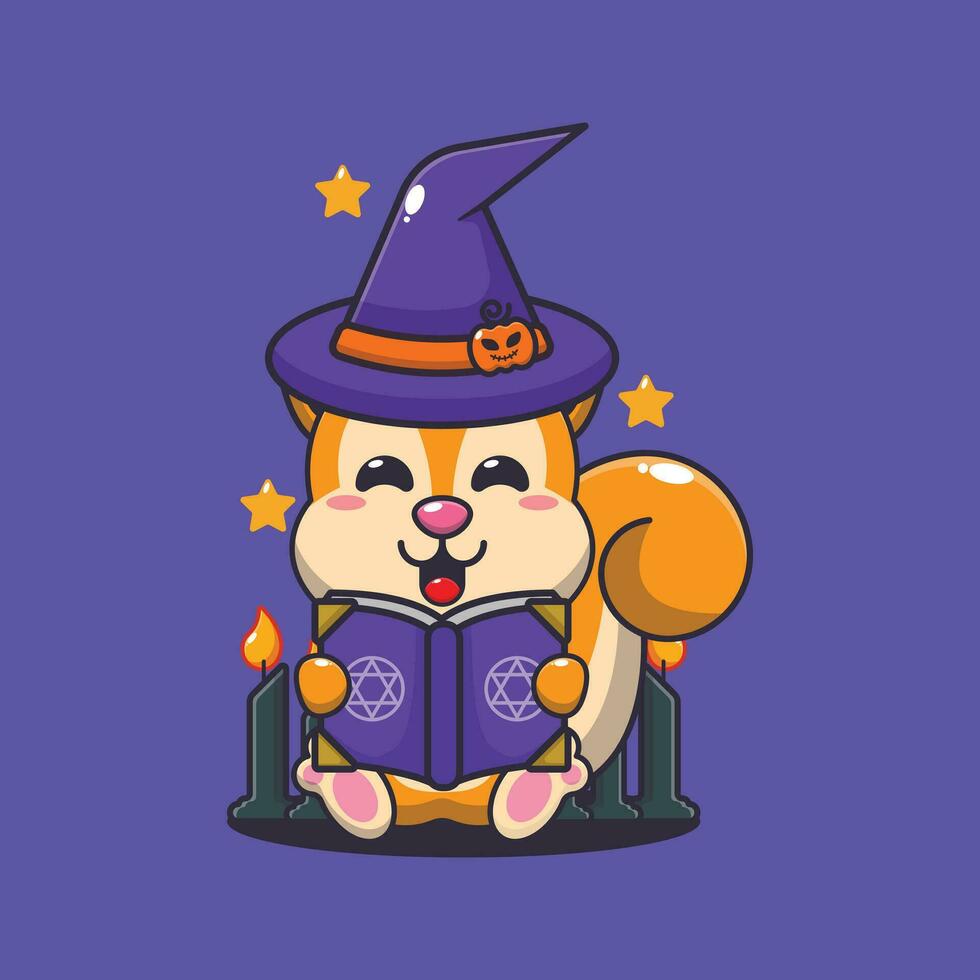 witch squirrel reading spell book. Cute halloween cartoon illustration. vector
