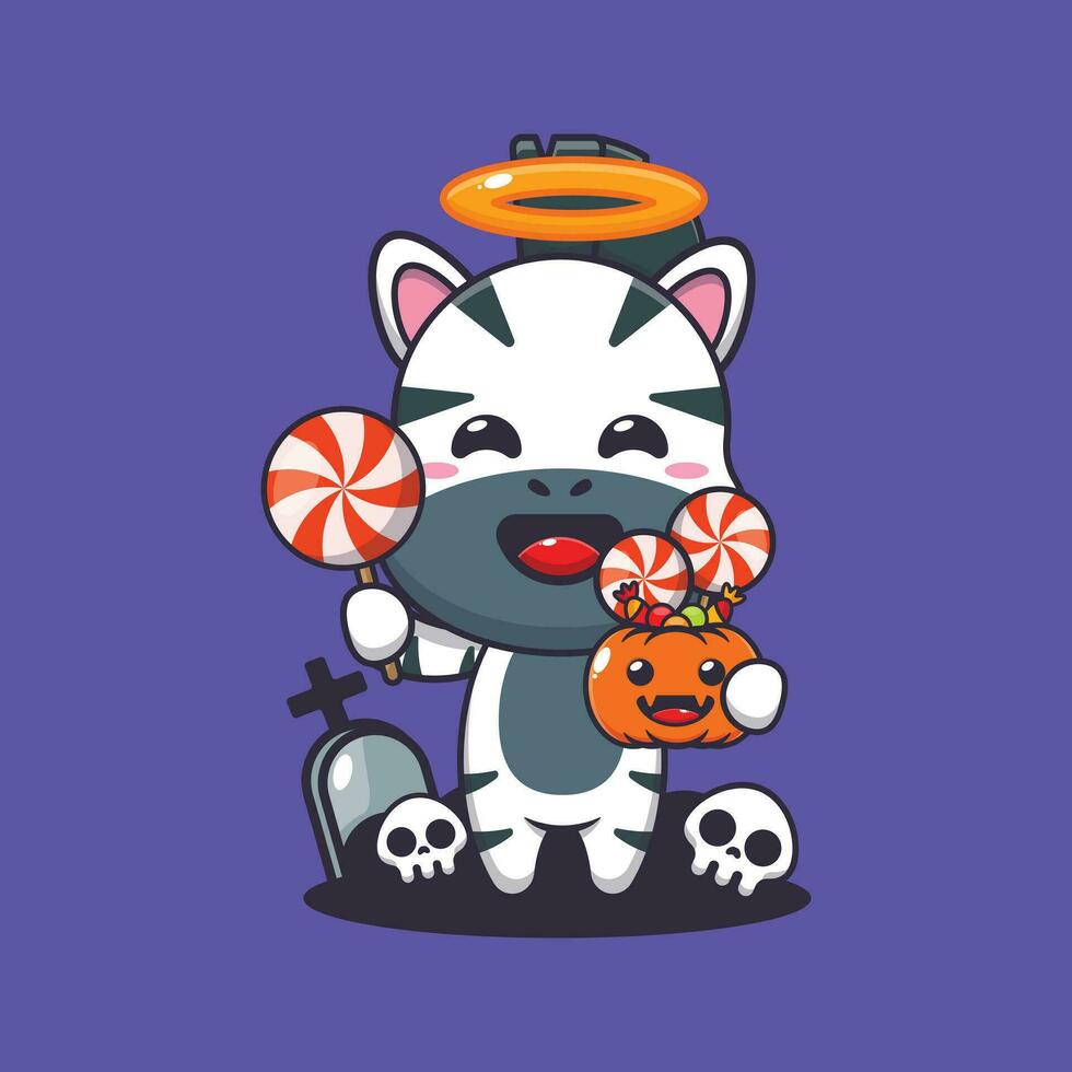 cute angel zebra holding candy in halloween day. Cute halloween cartoon illustration. vector