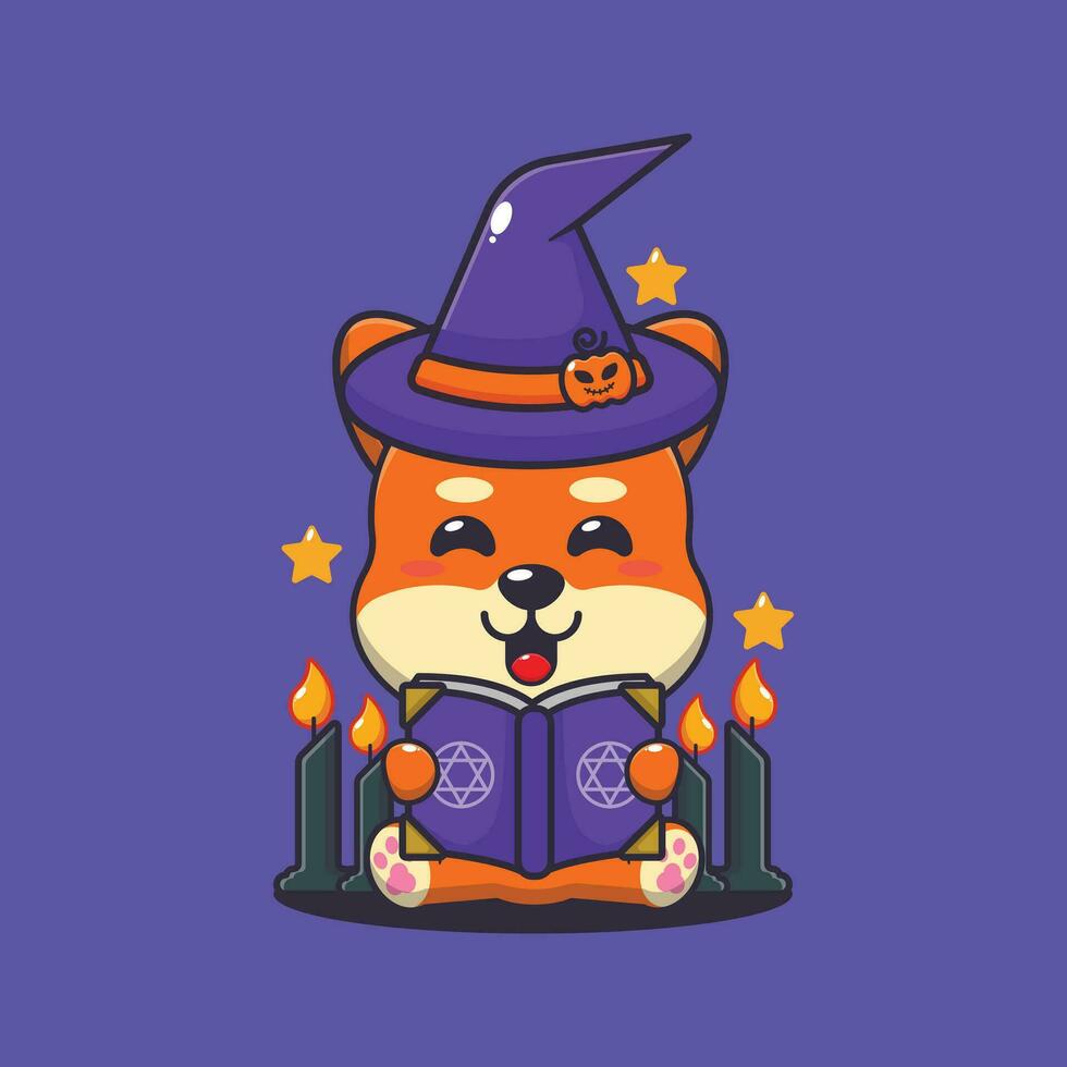 witch shiba inu reading spell book. Cute halloween cartoon illustration. vector