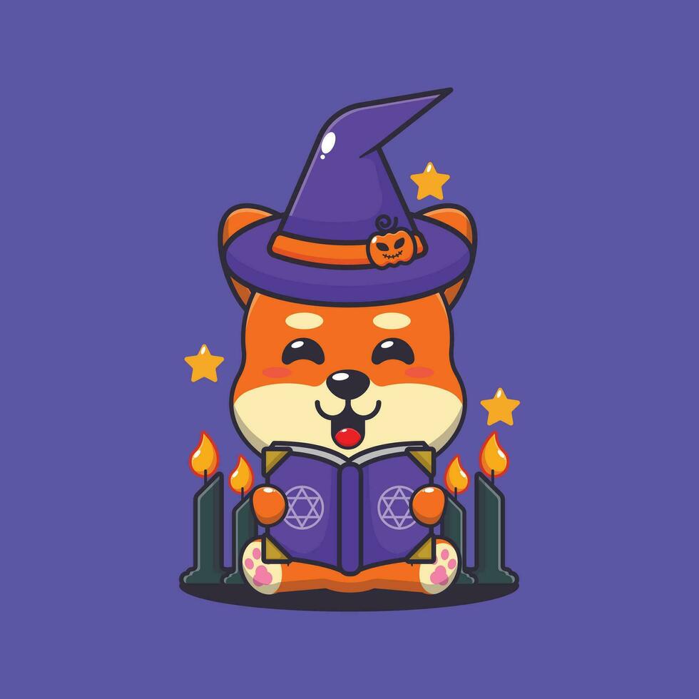 bruja shiba inu leyendo deletrear libro. linda Víspera de Todos los Santos dibujos animados ilustración. vector