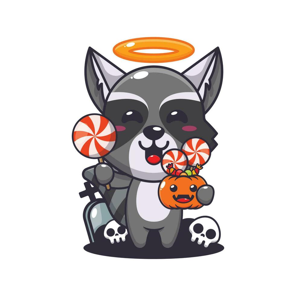 cute angel raccoon holding candy in halloween day. Cute halloween cartoon illustration. vector