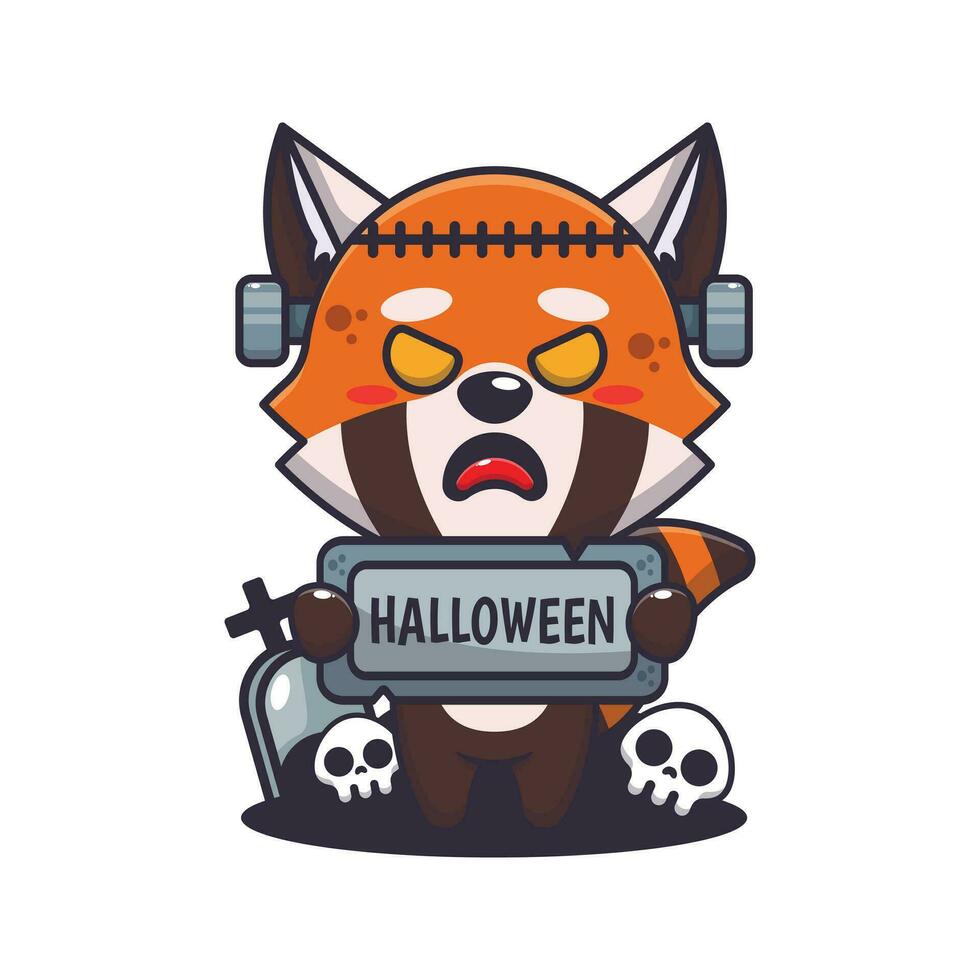 zombie red panda holding halloween greeting stone. Cute halloween cartoon illustration. vector