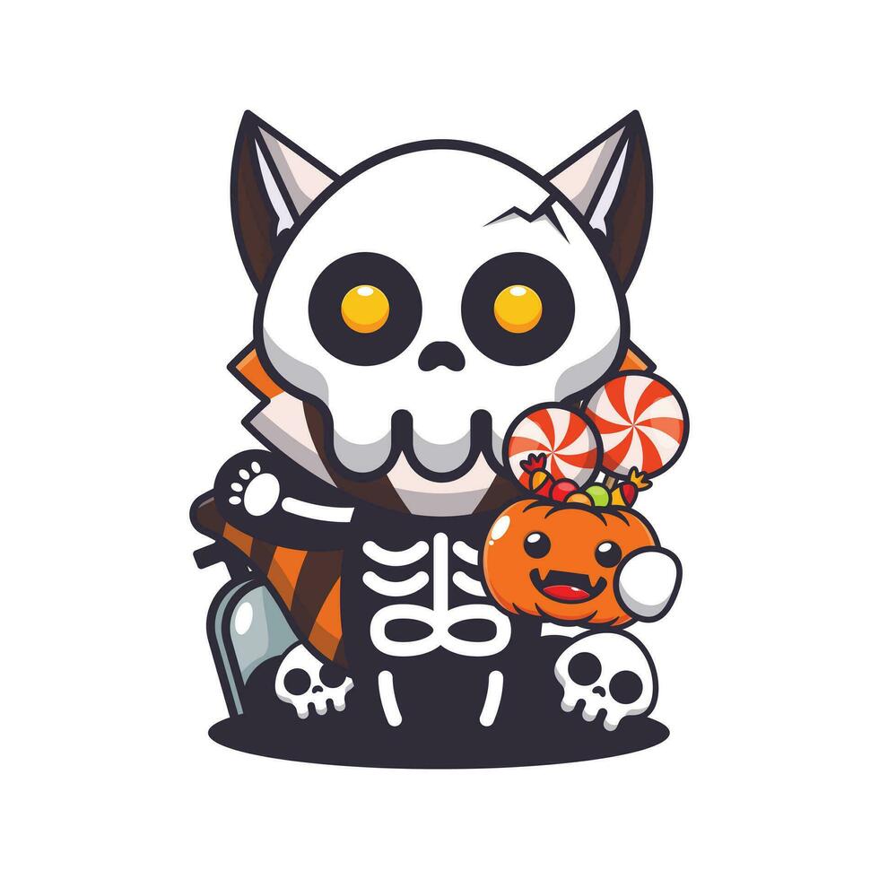 red panda with skeleton costume holding halloween pumpkin. Cute halloween cartoon illustration. vector
