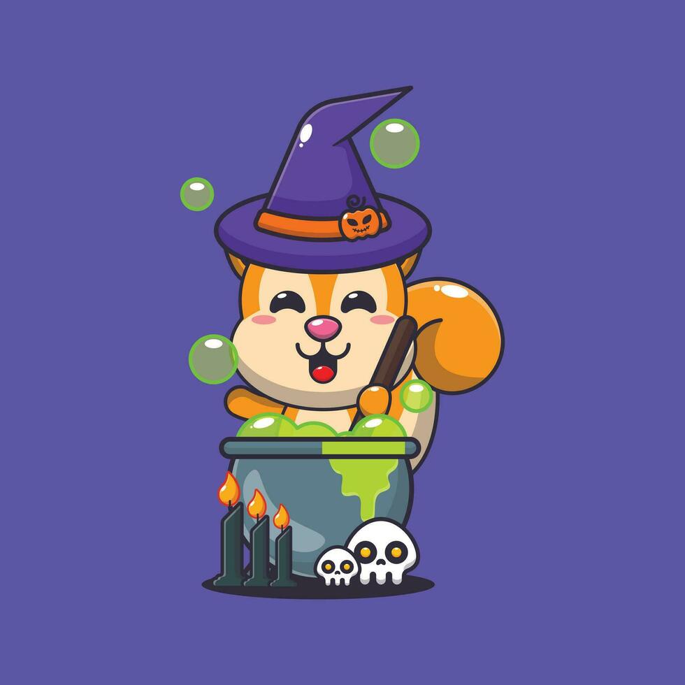 witch squirrel making potion in halloween day. Cute halloween cartoon illustration. vector