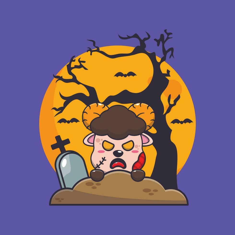 zombie ram sheep rise from graveyard in halloween day. Cute halloween cartoon illustration. vector