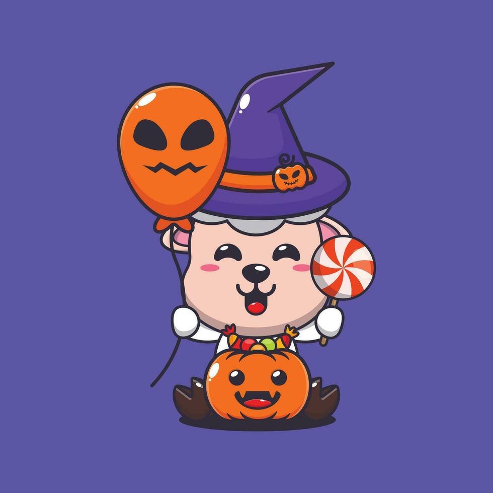 witch sheep holding halloween balloon and candy. Cute halloween cartoon illustration. vector