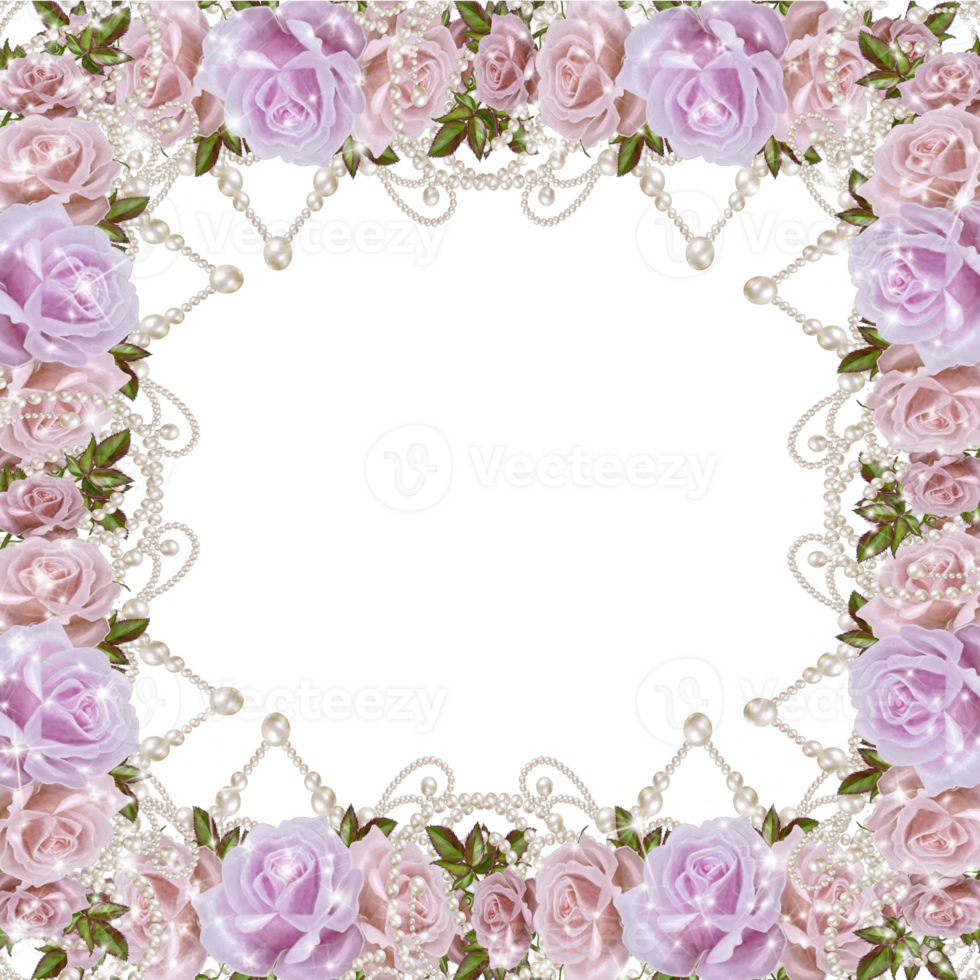 Shabby chic frame with pearls and roses png