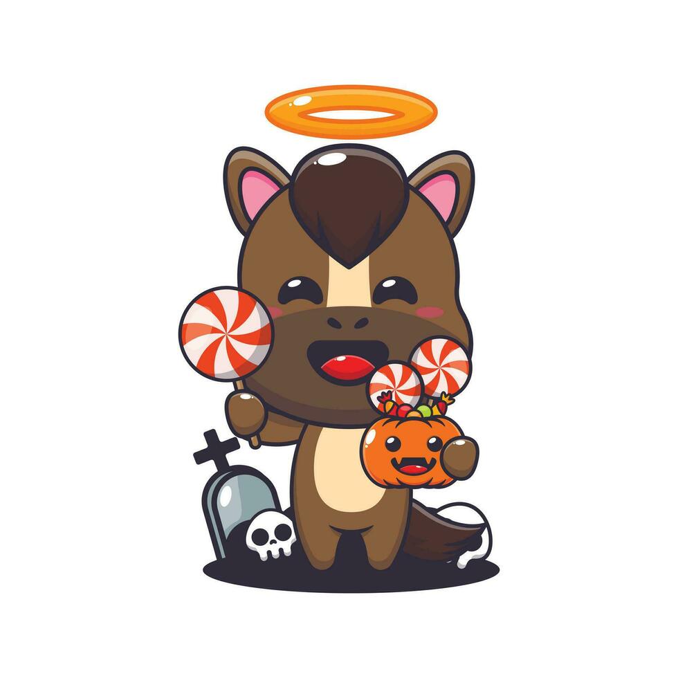 cute angel horse holding candy in halloween day. Cute halloween cartoon illustration. vector