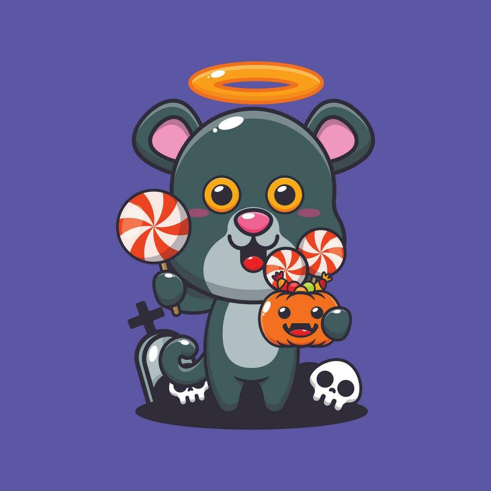 cute angel panther holding candy in halloween day. Cute halloween cartoon illustration. vector