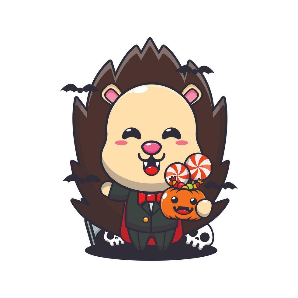 vampire hedgehog holding halloween pumpkin. Cute halloween cartoon illustration. vector
