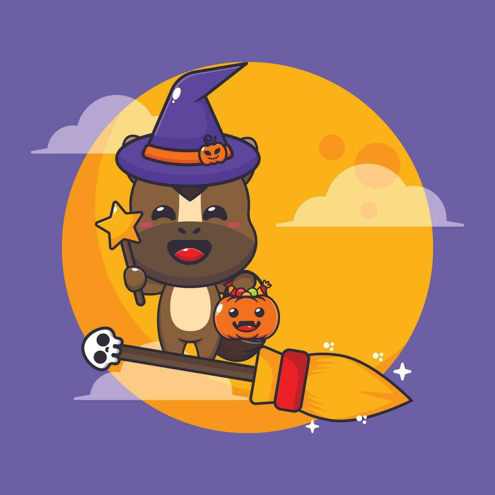 witch horse fly with broom in halloween night. Cute halloween cartoon illustration. vector