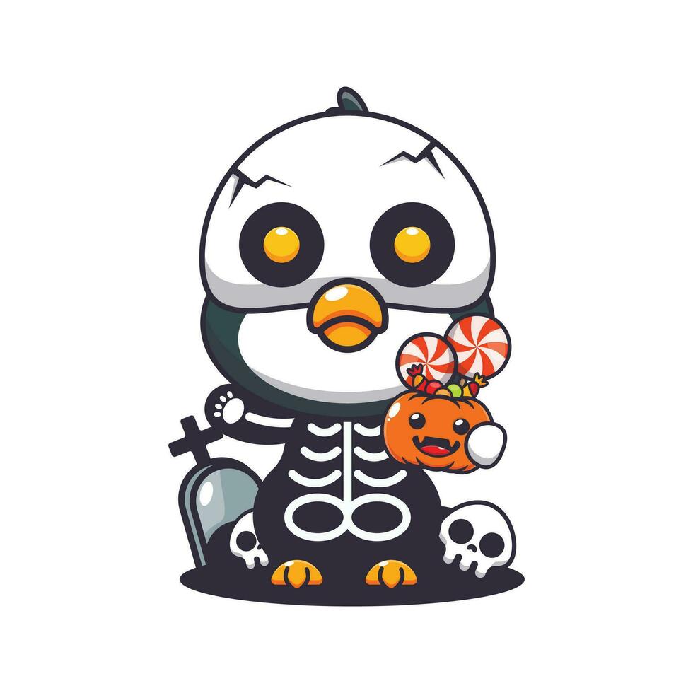 penguin with skeleton costume holding halloween pumpkin. Cute halloween cartoon illustration. vector