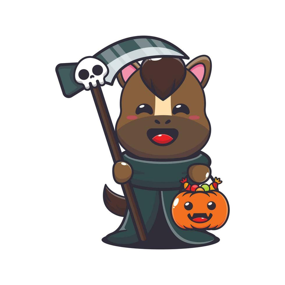 grim reaper horse holding scythe and halloween pumpkin. Cute halloween cartoon illustration. vector