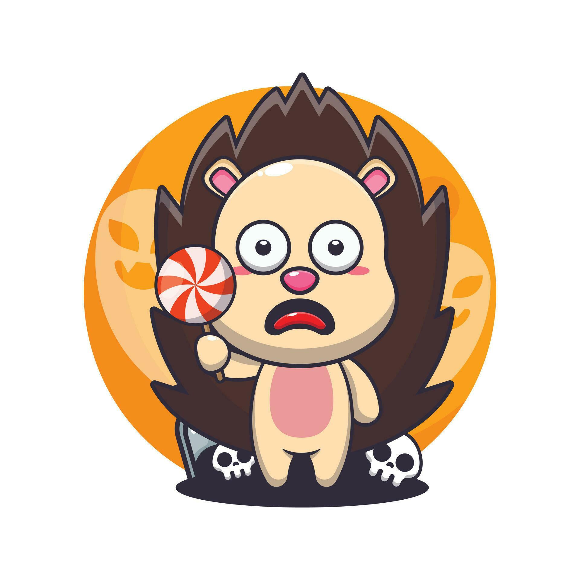 cute hedgehog scared by ghost in halloween day. Cute halloween cartoon