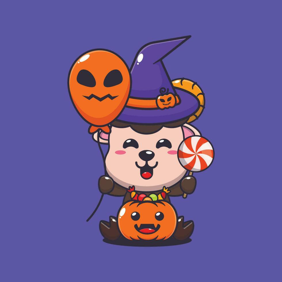witch ram sheep holding halloween balloon and candy. Cute halloween cartoon illustration. vector