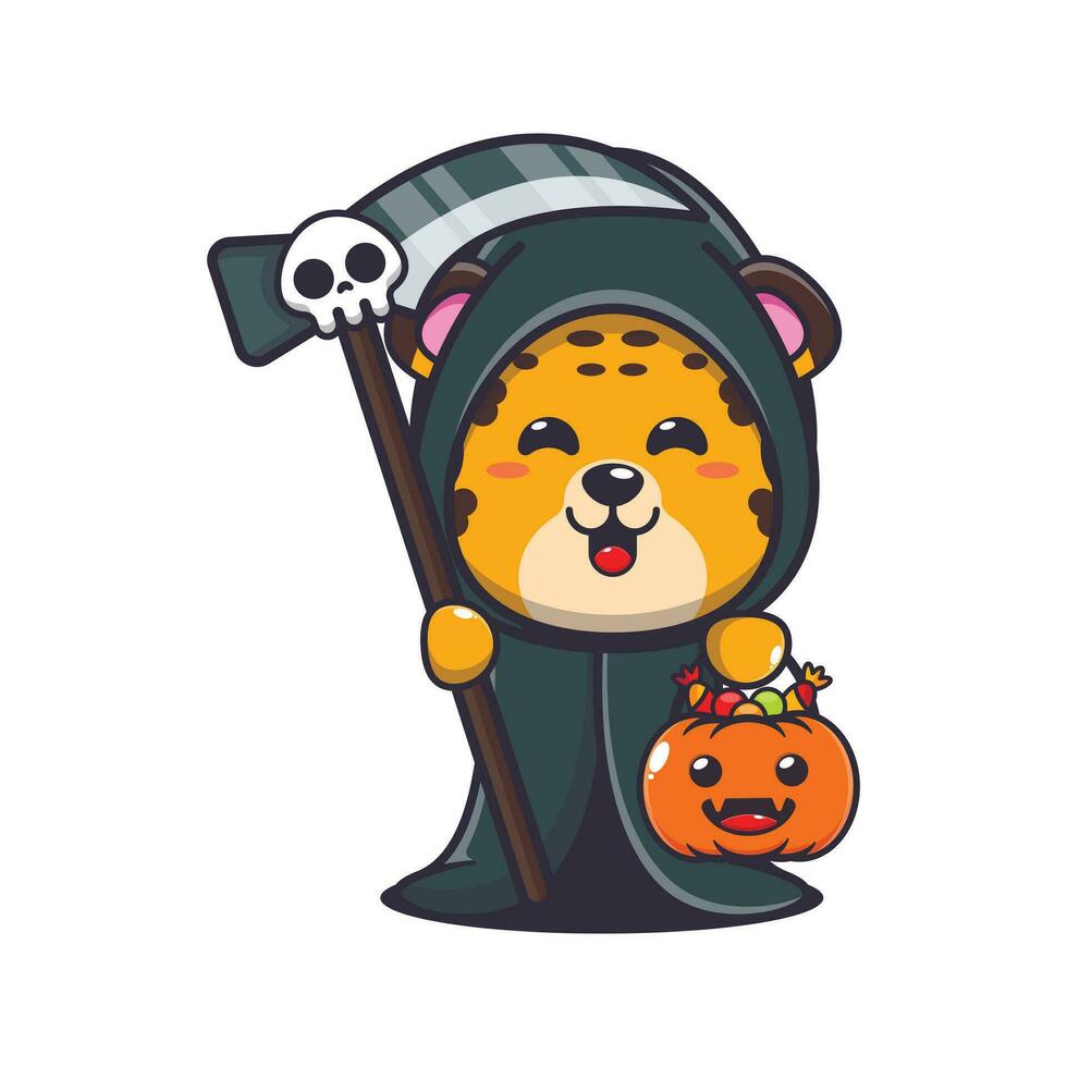 grim reaper leopard holding scythe and halloween pumpkin. Cute halloween cartoon illustration. vector